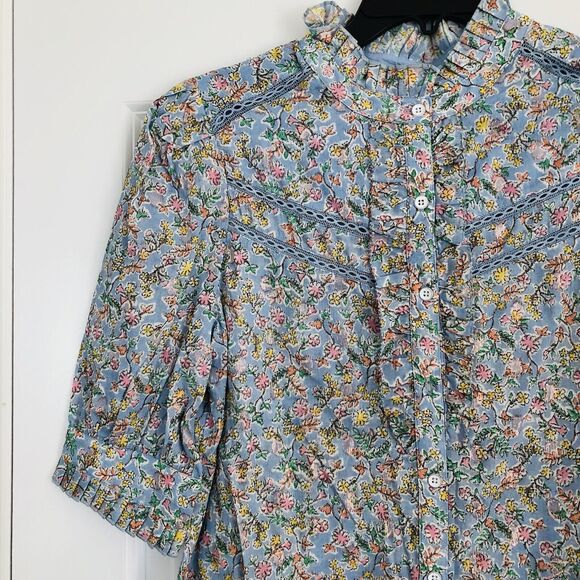 Democracy Women's Tops Ruffle Trim Floral Metallic Cotton 3/4 Sleeve Button up62 - Picture 6 of 6